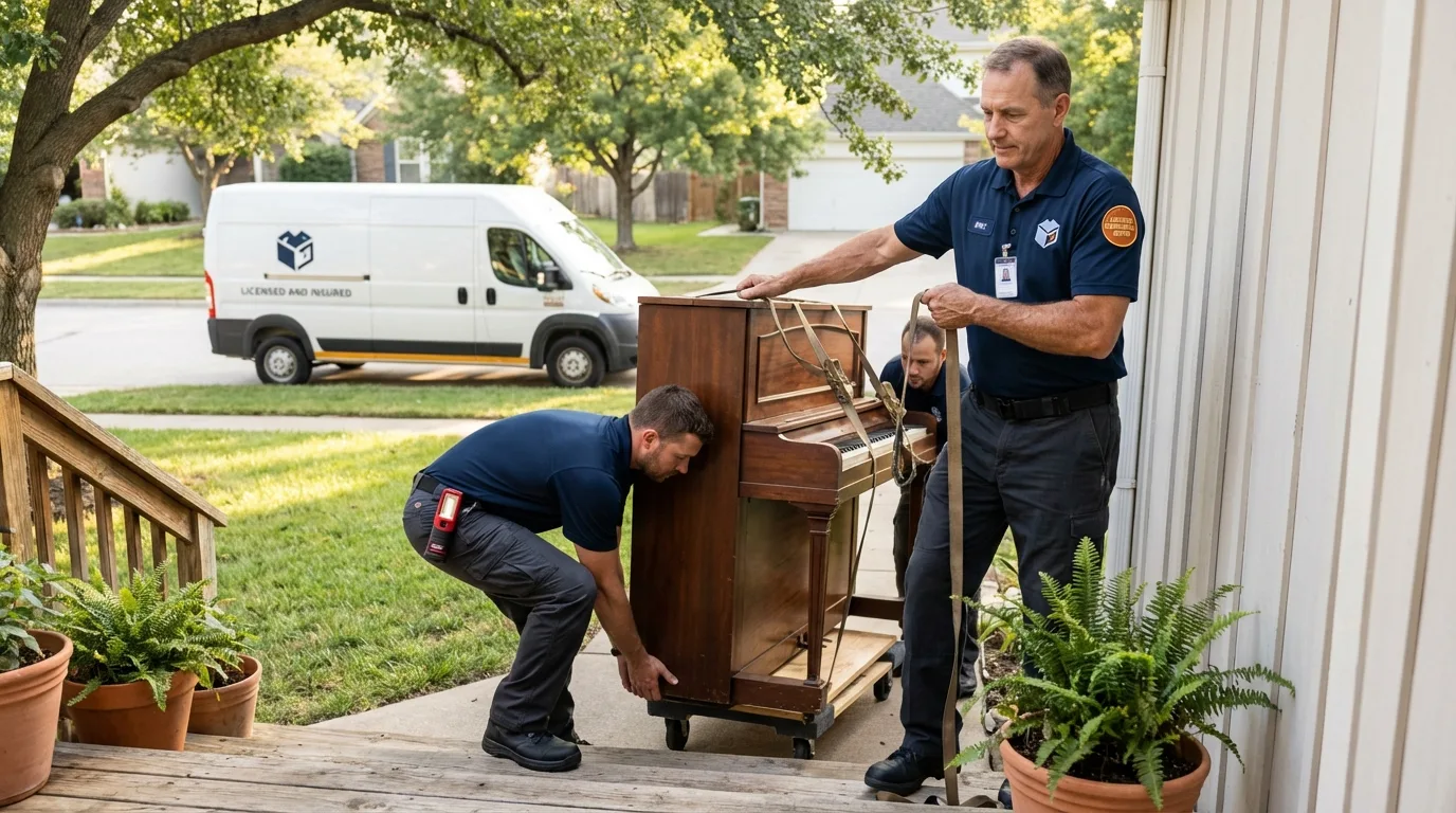 Licensed piano movers securing grand piano in Milan, TN