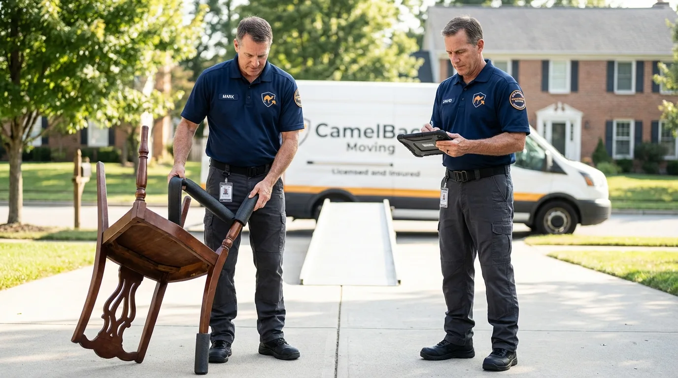 Movers inspecting furniture for damage prevention before loading in Milan, TN