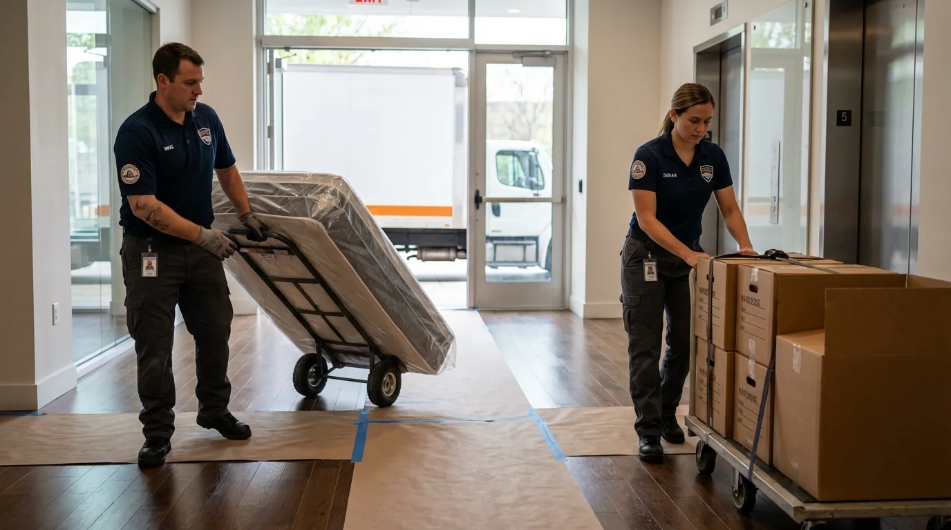 Professional apartment movers loading elevator in Milan, TN